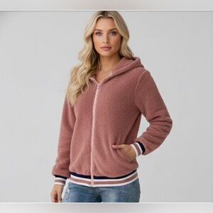 Striped Zip Up Hooded Teddy Jacket